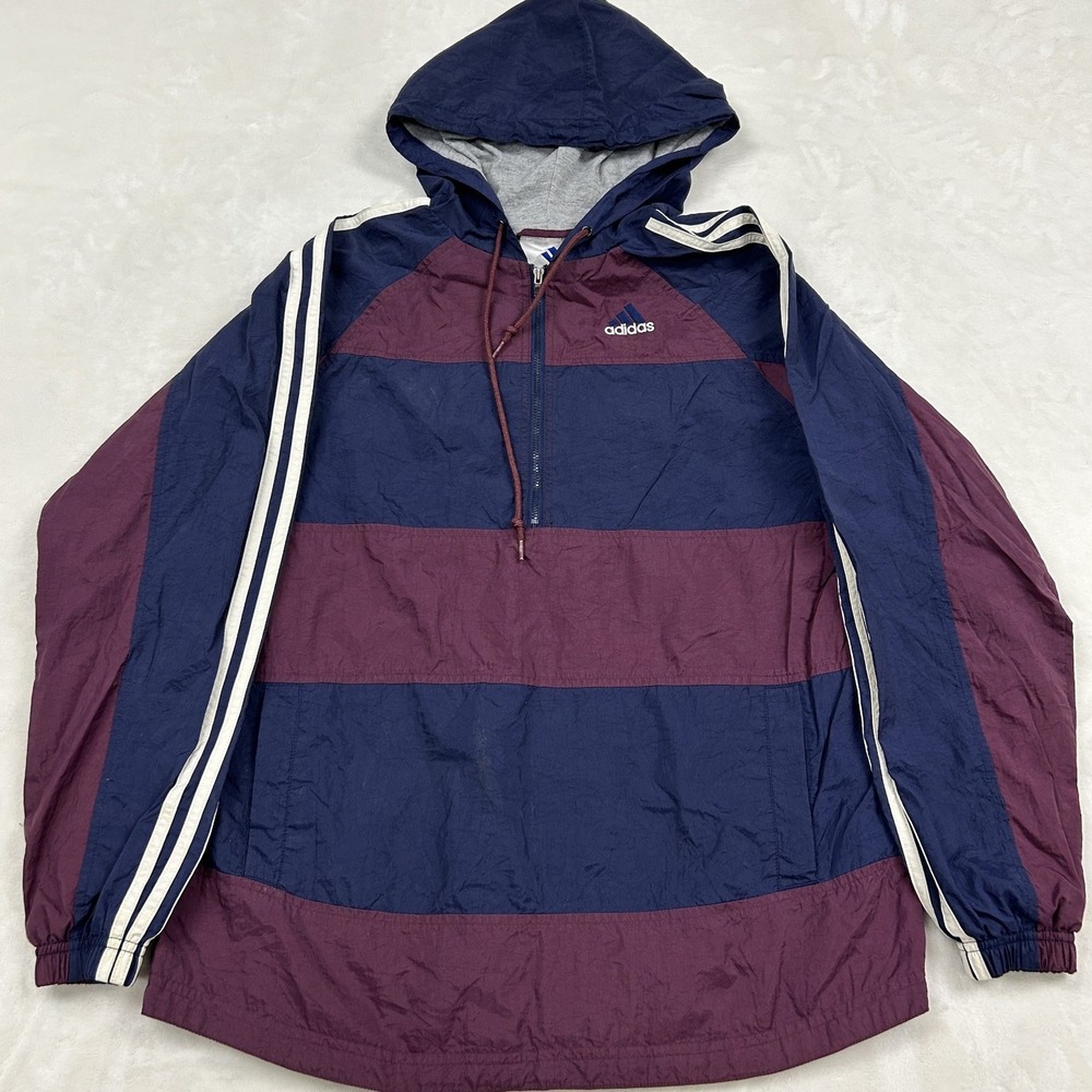 Adidas Windbreaker Pullover Mens Small Navy Burgundy Striped Vintage Hooded